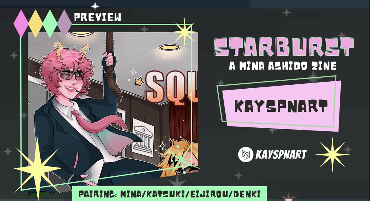 My Preview for the #StarburstZine : A Mina Ashido Zine!✨💫

Mina, Katsuki, Eijirou, and Denki are on a top secret mission as spies!😎✨ Download the zine to see their mission in action!

You can download the zine for FREE here!!🤭
drive.google.com/drive/folders/…