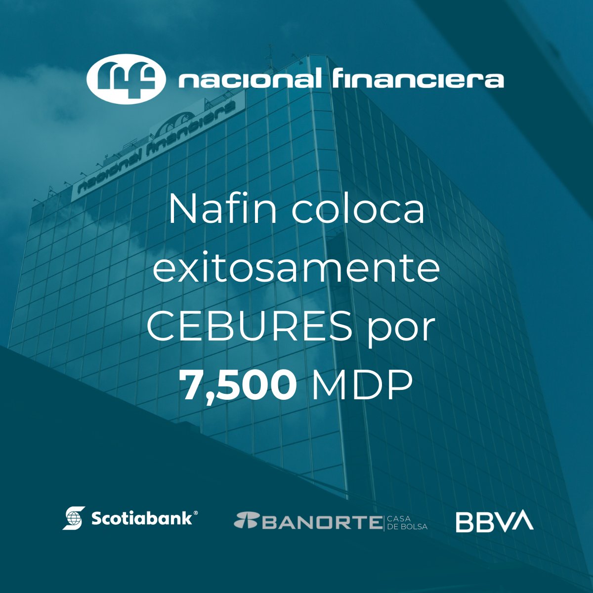 NafinOficial's tweet photo. @NafinOficial realizó exitosamente una colocación de #CEBURES por 7,500 MDP, a plazos de 2.3 y 3.5 años.
Los recursos reforzarán programas y servicios de Nafin que generan impacto positivo en temas sociales.
Gracias @BBVA_Mex @Banorte_mx @ScotiabankMX.
📰https://t.co/E9F9024lDB https://t.co/o9MMbxlbtE