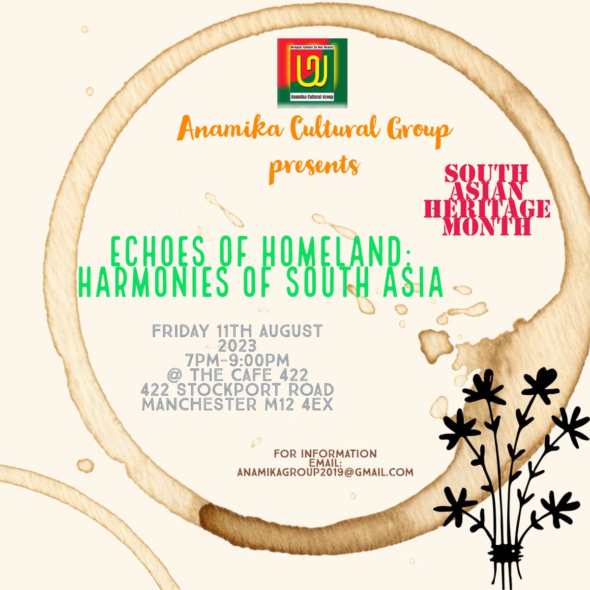 GroupAnamika's tweet photo. Taking place at @422_manchester next Friday: "Echoes of Homeland" as part of Manchester’s South Asian Heritage Month celebrations.

All welcome. 

@RahmanCllr @CllrSuzanne @cllrabidchohan @Afzal4Gorton @GwynneMP @MCCLongsight @ManchesterSAHM @MCR_REN 

#SouthAsianHeritageMonth https://t.co/zu1TqNmFuq