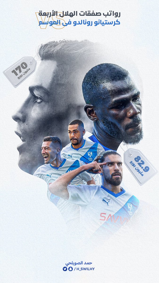 H_swilhy's tweet photo. 📊 مقارنة في الراتب السنوي :

صفقات #الهلال الأربعة 82,9 مليون يورو
&amp;
كرستيانو رونالدو 170 مليون يورو https://t.co/zZLL8haEKO