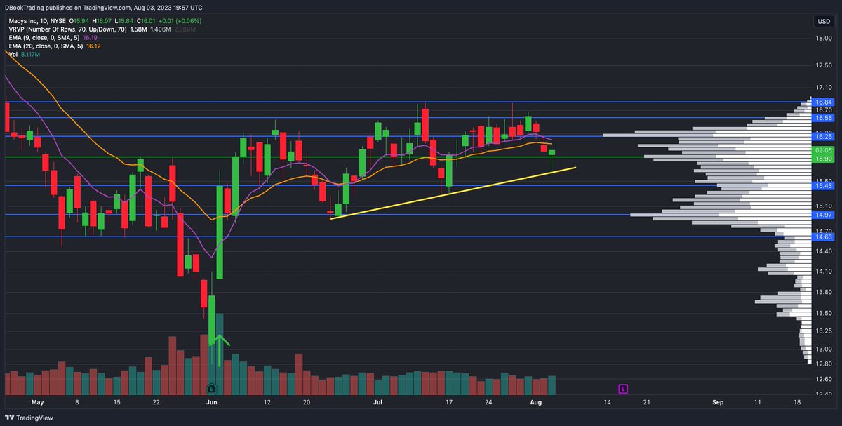 LanesWRLD_'s tweet image. $M Daily on #SwingList 

Nice lower wick off trendline today. Key pivot 15.90 reclaimed. Overall great volume/price structure