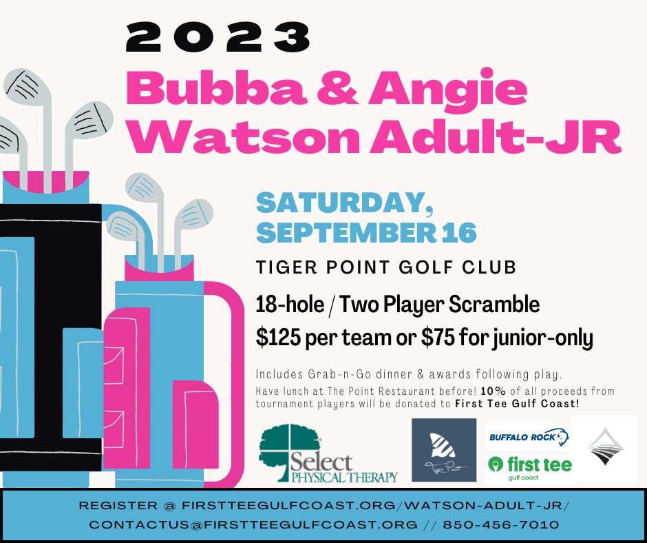 FirstTee_GC's tweet image. Registration is open for the 2023 Bubba &amp;amp; Angie Watson Adult-Jr Scramble!

$125 per team or $75 for junior only (these juniors will be paired with available FTGC coaches/volunteers)

Check-in 1:00pm
Shotgun Start 2:00pm

firstteegulfcoast.org/watson-adult-j…
