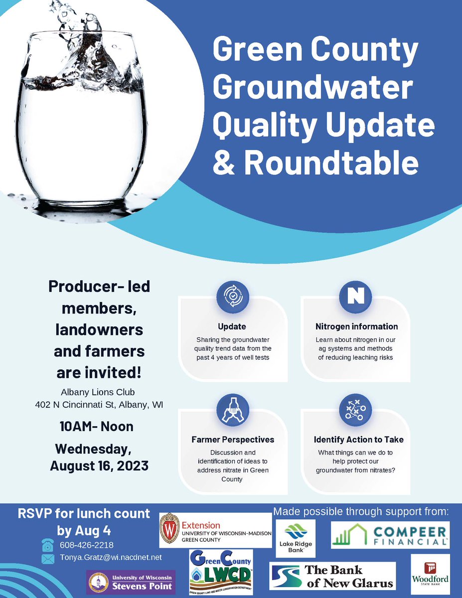 Come get an update on Green County's groundwater quality 💧! Attendees will discuss potential solutions, knowledge gaps and barriers to adoption.