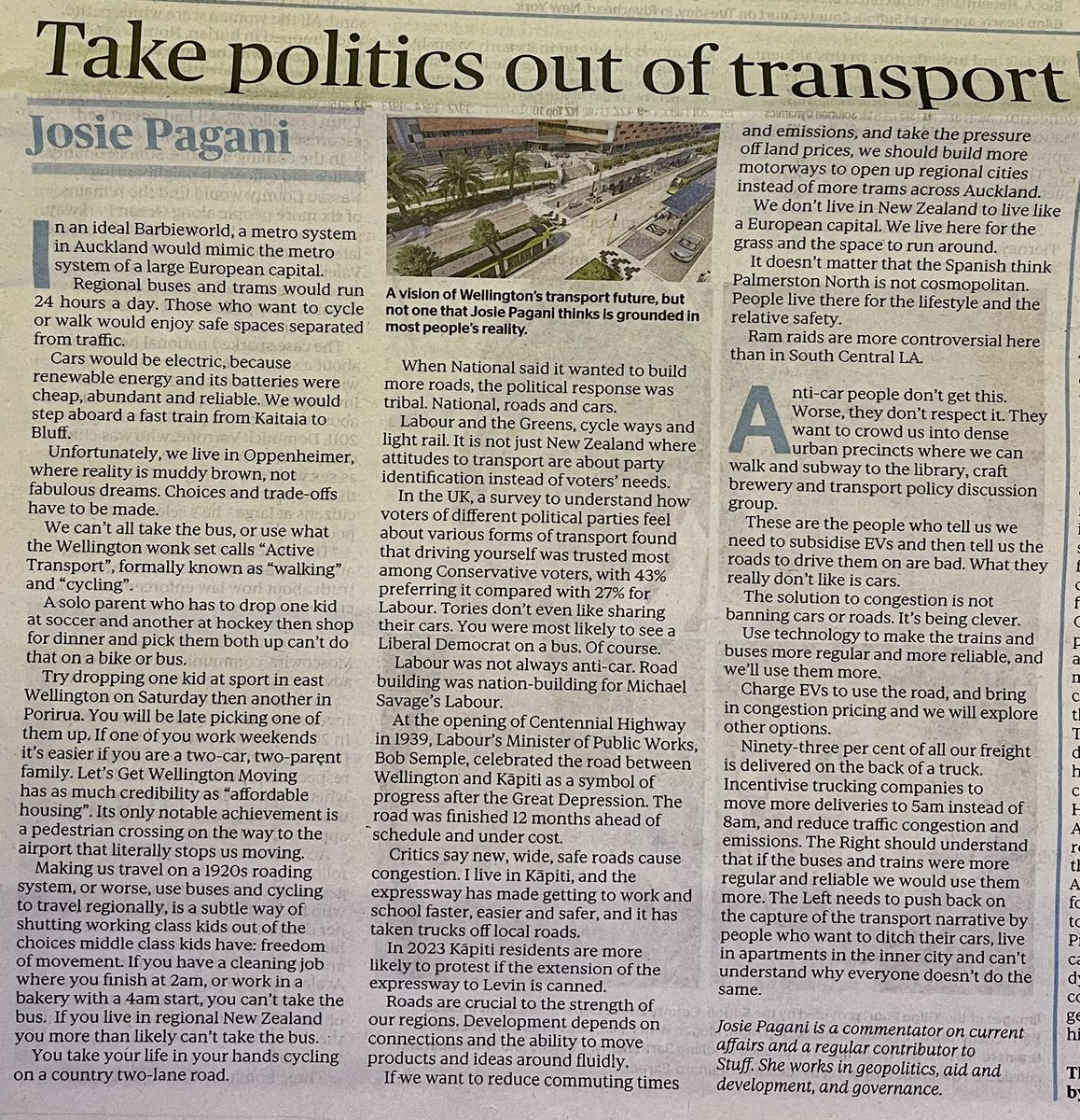 samhdonald's tweet photo. Josie Pagani wants to take politics out of transport. It sounds more like she wants to silence those calling for equitable and sustainable transport. How much of that green space (and productive land) will remain if “we should build more motorways” is your answer? #LGWM @NZStuff https://t.co/jYB5TOJeKY