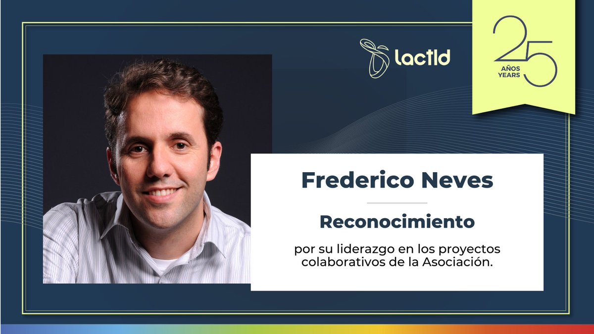 LACTLD's tweet photo. #LACTLD reconoció a Frederico Neves por su liderazgo en los proyectos colaborativos de la Asociación. ¡Felicitaciones!  🎉
•
LACTLD awarded Frederico Neves for his leadership in the Association's collaborative projects. Congratulations!  🎉
@ComuNICbr 

#LACTLD25 https://t.co/jDKhOl5ytn