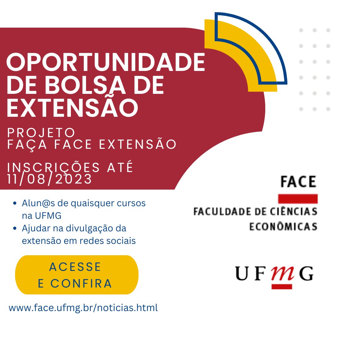 Oi pessoal! Passando aqui pra divulgar a oportunidade de bolsa de extensão no CENEX da FACE/UFMG, para alun@s de qualquer curso da UFMG. Inscrições até 11/08. Veja aqui face.ufmg.br/noticias/cenex…