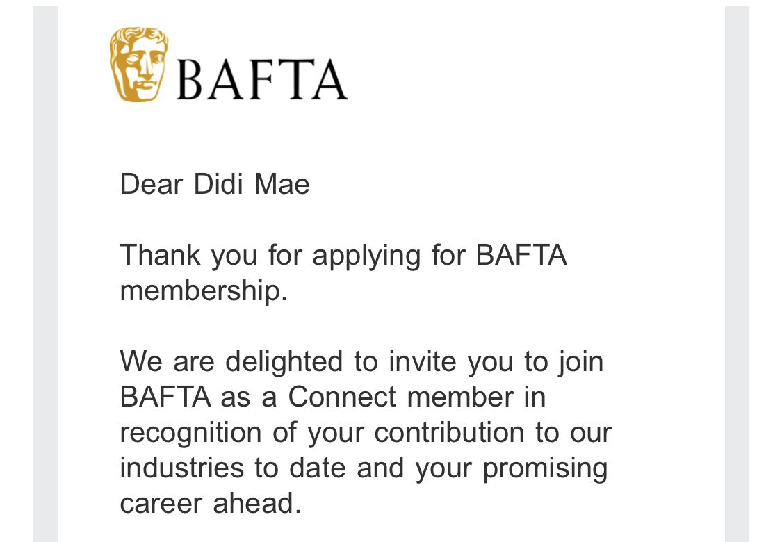 didimae's tweet photo. Delighted to be invited to join @Bafta as a #BaftaConnect member. What an honour and such an exciting opportunity! https://t.co/da7BkytPJQ