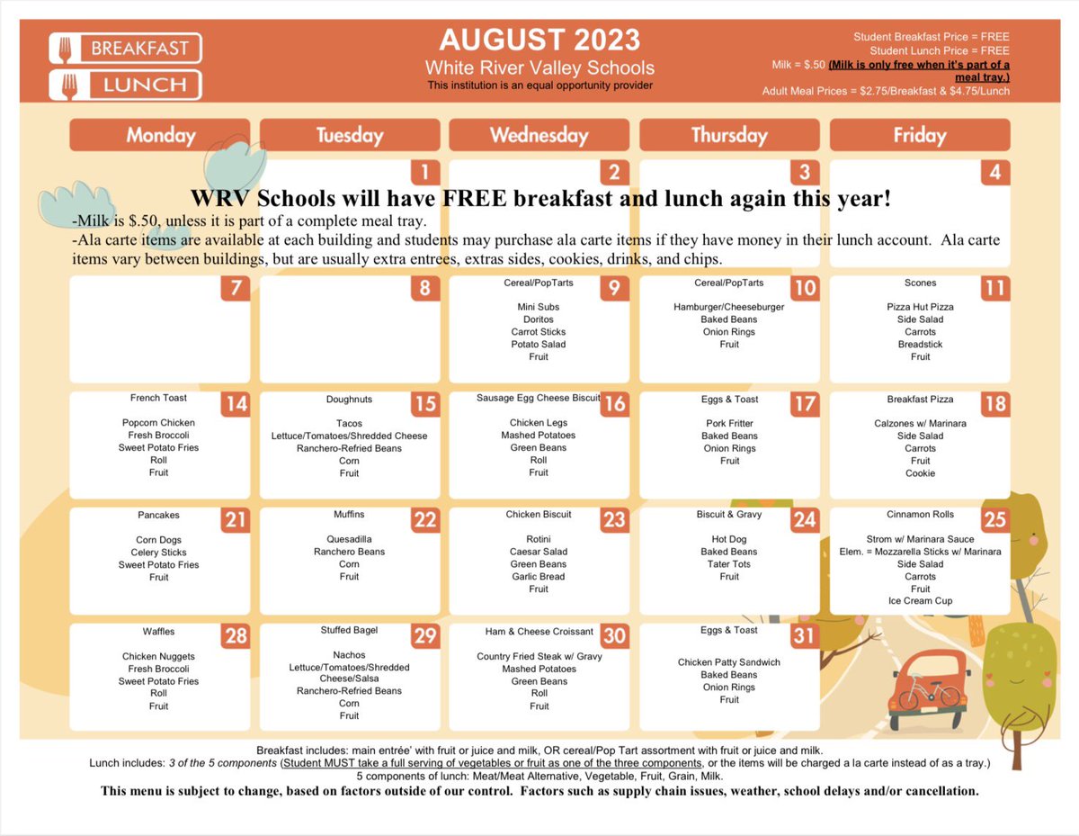 CafeWrv's tweet photo. ‘Offer vs Serve’ (OvS) will once again be implemented at the high school &amp; middle school.  OvS allows students to chose what is on their tray, without taking every item and food group.  OvS info is attached, along with August menu. https://t.co/Dd6OrcMYvO