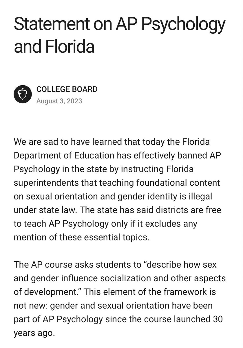 Florida Department of Education has effectively banned AP Psychology. What a terrible decision that is 100% politically motivated.
