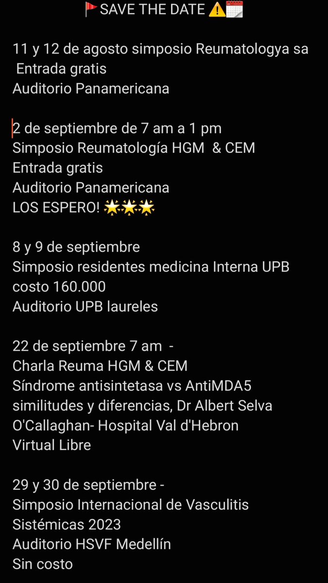 Agendate en los eventos próximos de reumatología y medicina interna 🚩⚠️🗓✍️🏻 Medellín, Colombia
<a href="/Asoreuma/">Asoreuma</a> <a href="/sucongresocom/">sucongreso.com</a> <a href="/HGMhospital/">Hospital General de Medellín - Luz Castro de G.</a> <a href="/doctorchmunoz/">Carlos Horacio Muñoz Vahos</a> <a href="/simonhoyosp/">Simón Hoyos</a> <a href="/ReumatologoLFP/">Luis Fernando Pinto</a>
