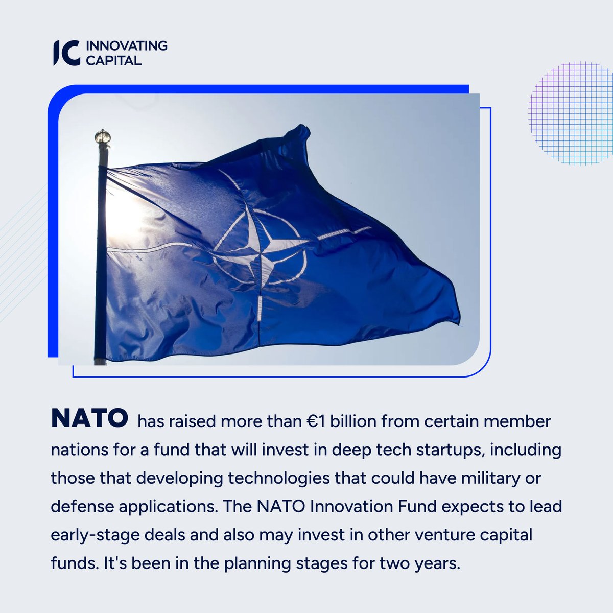 InnovatingCap's tweet image. 🚀 NATO has launched the Innovation Fund, raising €1 billion from member nations to invest in cutting-edge deep tech startups. Exciting times ahead for global security and innovation! 💡💪  #natoinnovationfund #deeptechstartups #nato #deeptech