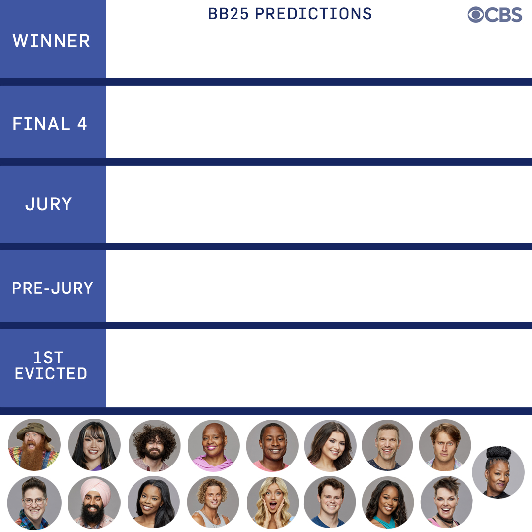 CBSBigBrother's tweet photo. Now we wanna hear from YOU!

To make your #BB25 predictions, screenshot this and place your houseguests accordingly. Remember, the jury always has 9 houseguests, and as always…there can only be one winner! https://t.co/dQOHRLfToJ