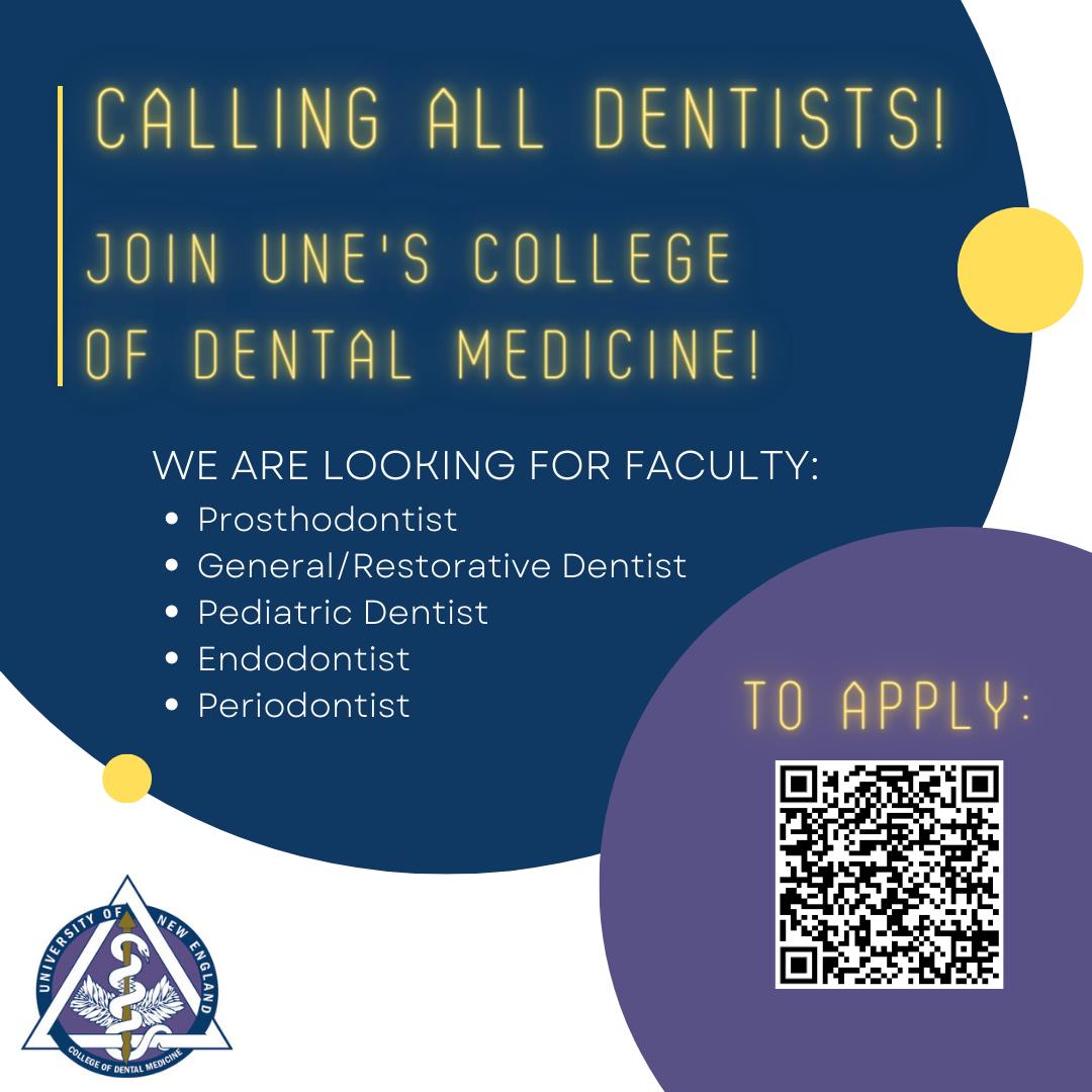 Assoc. Dean, Clinical Operations: une.peopleadmin.com/postings/15853
Department Chair: une.peopleadmin.com/postings/15847
Perio.: une.peopleadmin.com/postings/15848
Prosthodontist: une.peopleadmin.com/postings/15843
General Dentist: une.peopleadmin.com/postings/15841
Endo.: une.peopleadmin.com/postings/15835
Pediatric: une.peopleadmin.com/postings/15829