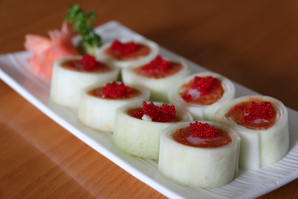 Looking to go lighter? Try one of our cucumber-wrapped rolls like the Sunset Roll 🌅