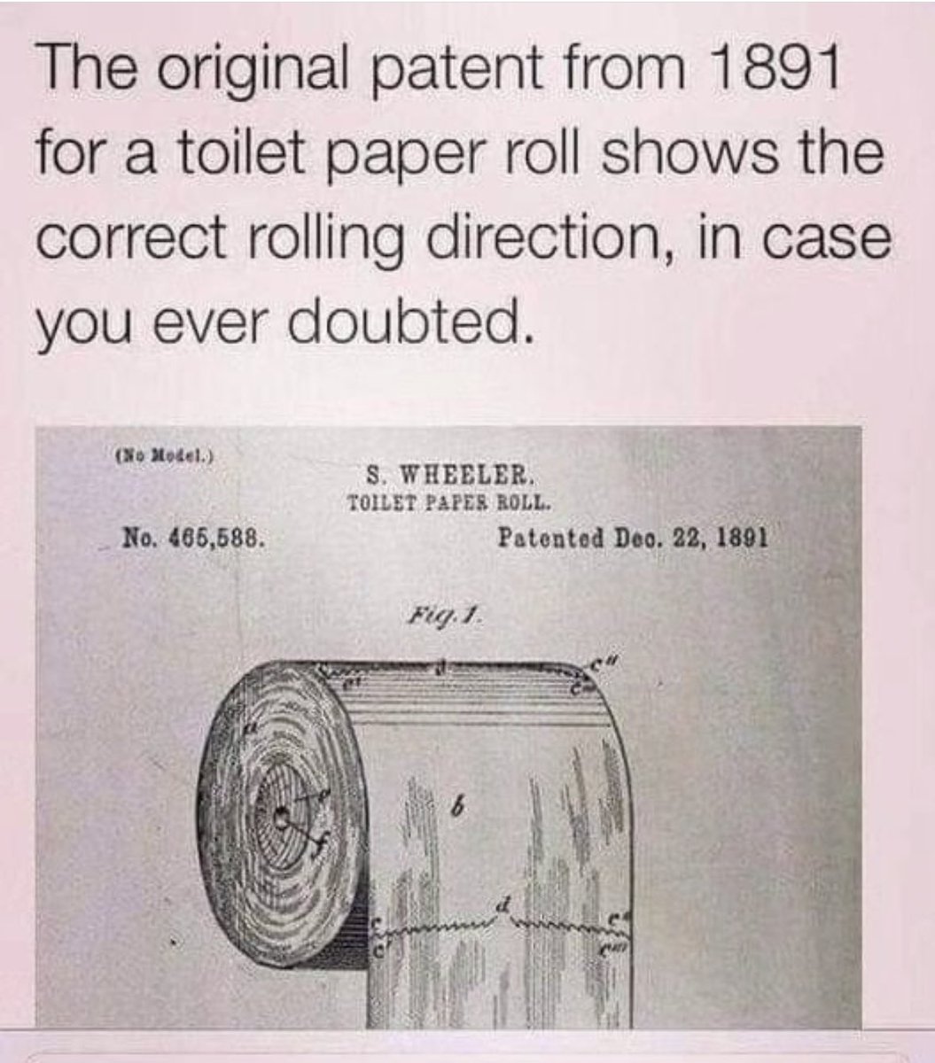 Kiwita's tweet photo. DATO, NO OPINIÓN 👇
.
La patente original del papel higiénico en rollo que data de 1891 muestra que cae hacia adelante. https://t.co/ICXrzNMmMA