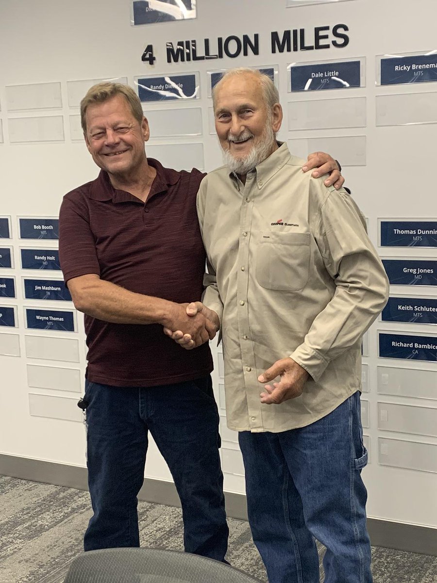 DriveForDTI's tweet photo. Congratulations to CDS driver Jim Daniels (left) who, after 30 years and 3.5 million miles, is retiring from full-time driving. Jim was joined this week by Pete Jinkins (right) who first brought him on board. Thank you for all of your years of dedication, Jim! https://t.co/wkYet8yA6U