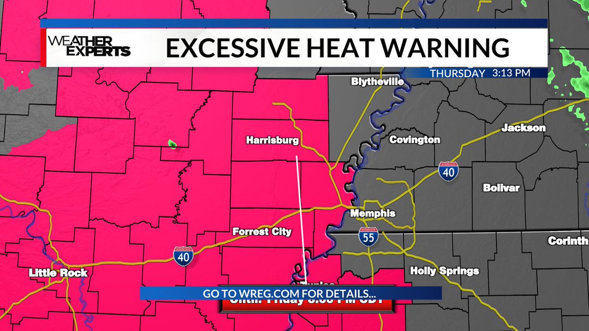 TylerWREG's tweet image. A Excessive Heat Warning has been issued for some counties in the News Channel 3 viewing area until Aug 04 8:00PM CDT.  Stay tuned into WREG TV for the latest weather information. #EXCESSIVEHEATWARNING
