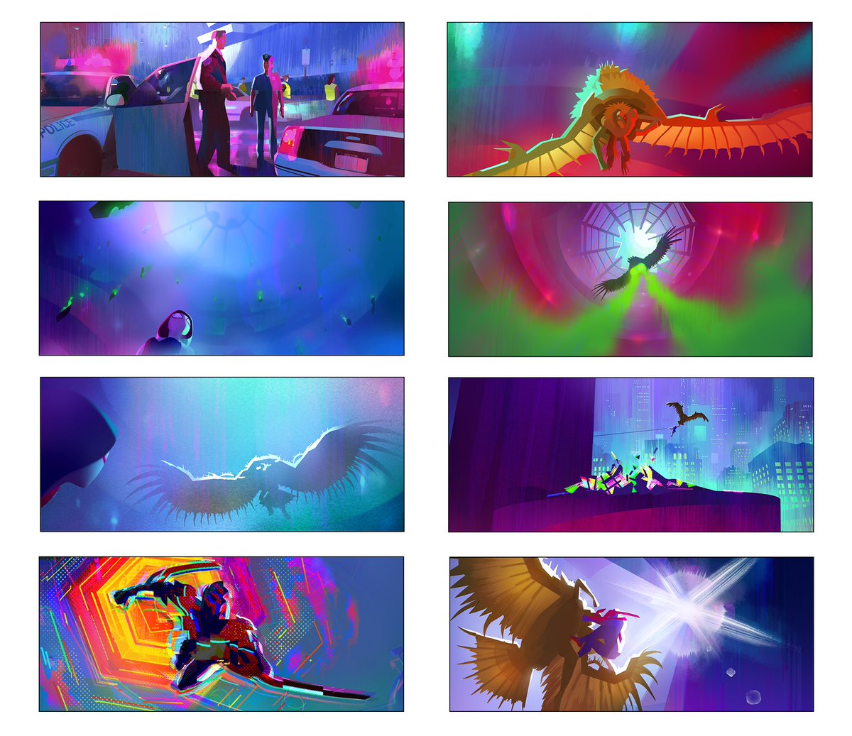 pixelpchan's tweet photo. Color and lighting keys for the fight in the Guggenheim.
#AcrossTheSpiderVers #SpiderVerse https://t.co/0OTu5t2aaI