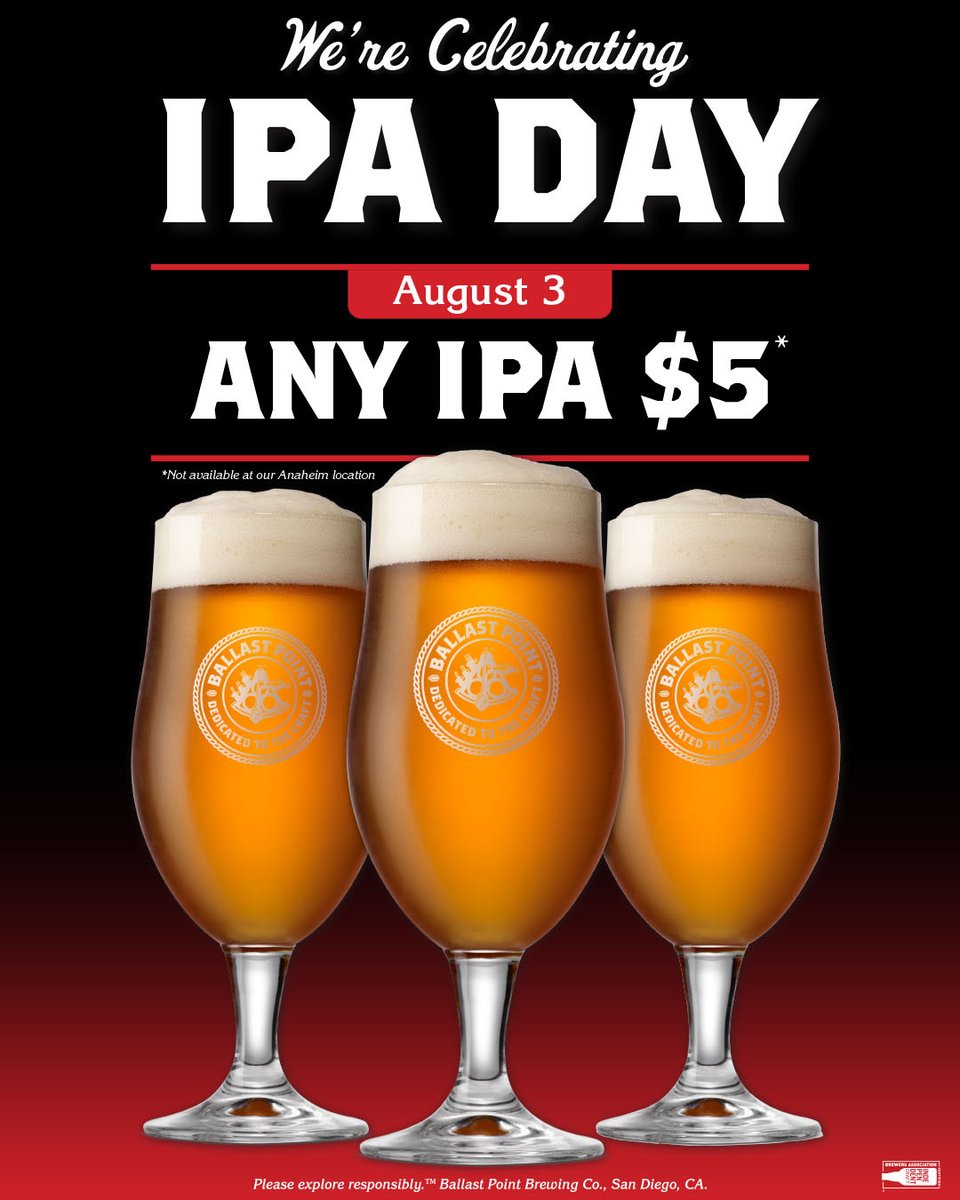 Join us for an #IPADay celebration you won't want to miss 🍺

Whether you're a fan of our award-winning Sculpin or have another favorite IPA on your mind, we've got you covered. Cheers! 🍻

*Not available at our Anaheim location.
