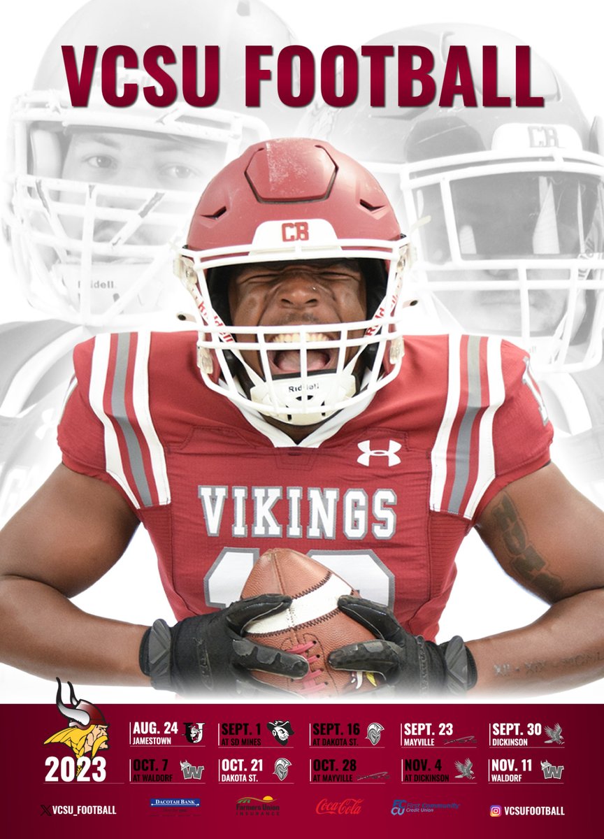 VCSUVikings's tweet photo. Who's ready for some football?! The 2023 season starts Aug. 24 as we host our rival Jamestown!

It is the 76th Paint Bucket game in the history of our rivalry. #OwnTheBucket

Home Games ↙️
Aug. 24
Sept. 23
Sept. 30
Oct. 21
Nov. 11 https://t.co/ctHMRk9w5A