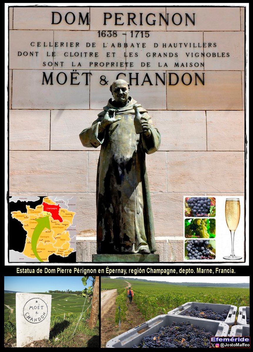 JostoMaffeo's tweet photo. 🍾🥂 ET VOILÀ. CHAMPAGNE.
4 Agosto 1693. El monje #benedictino Dom Pierre #Perignon pone a punto la técnica de elaboración del #champagne.
Es en la abadía de #Hautvellíers, depto. francés de #Marne. La técnica del vino espumante fermentado se denominará "méthode champenoise". https://t.co/VT2jz0Wgms