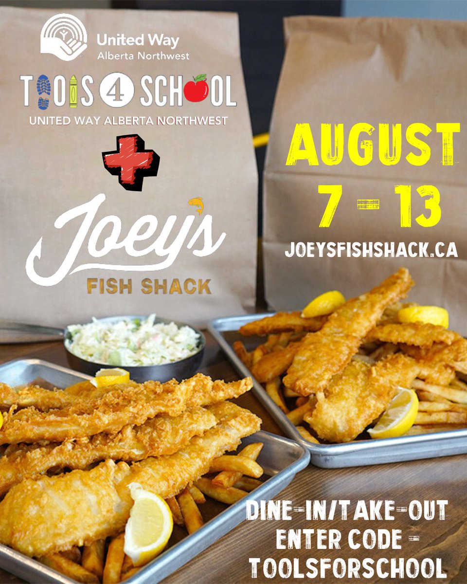 UnitedWayABNW's tweet photo. TODAY until August 13th, for every order placed at Joey's Fish Shack using the code ‘TOOLSFORSCHOOL’, Joey's will generously donate 20% of the proceeds to the United Way.

Order now - https://t.co/q7N1iH9pIy https://t.co/4hQKzFN2vS