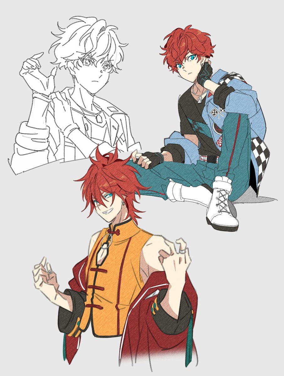 male focus red hair 1boy jewelry jacket gloves smile  illustration images