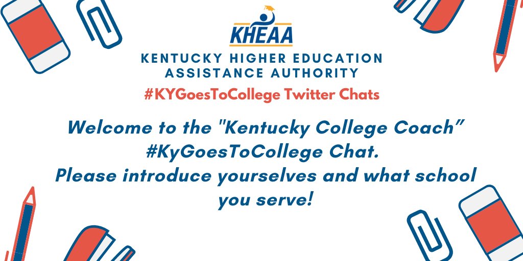 KHEAA's tweet photo. Welcome everyone to our twitter chat with Kentucky College Coaches. Everyone, please introduce yourselves! #KyGoesToCollege https://t.co/LrFyLldu39