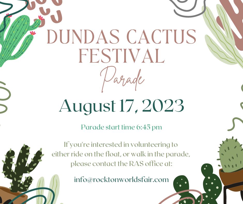 We're looking for volunteers to join us at the Cactus Festival Parade on August 17, 2023!  We need people to ride on the float, as well as walkers to walk along side it.  If you're interested, please contact the RAS office at info@rocktonworldsfair.com.  Thank you!