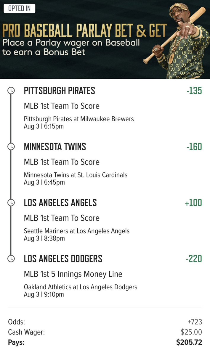 Longshot_Bets's tweet photo. ✨Caesars MLB Parlay Bet &amp; Get✨

• PIT Pirates 1st to Score
• MIN Twins 1st to Score
• LA Angels 1st to Score
• LA Dodgers F5 ML
Odds: +723

In for $25 minimum required (.5u)

#GamblingTwitter #LetsGoBucs #MNTwins #GoHalos #HereToPlay https://t.co/UEA4PpZJ7a