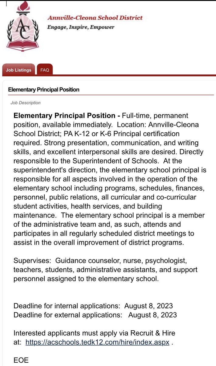 ACSDSuper's tweet photo. The Annville-Cleona School District is hiring an elementary principal who is excited and passionate about teaching and learning with kids. Apply online at https://t.co/QQLxrNsmo0 and become part of the Dutchmen Family. #ACDutchmen https://t.co/gz4BDyntWc