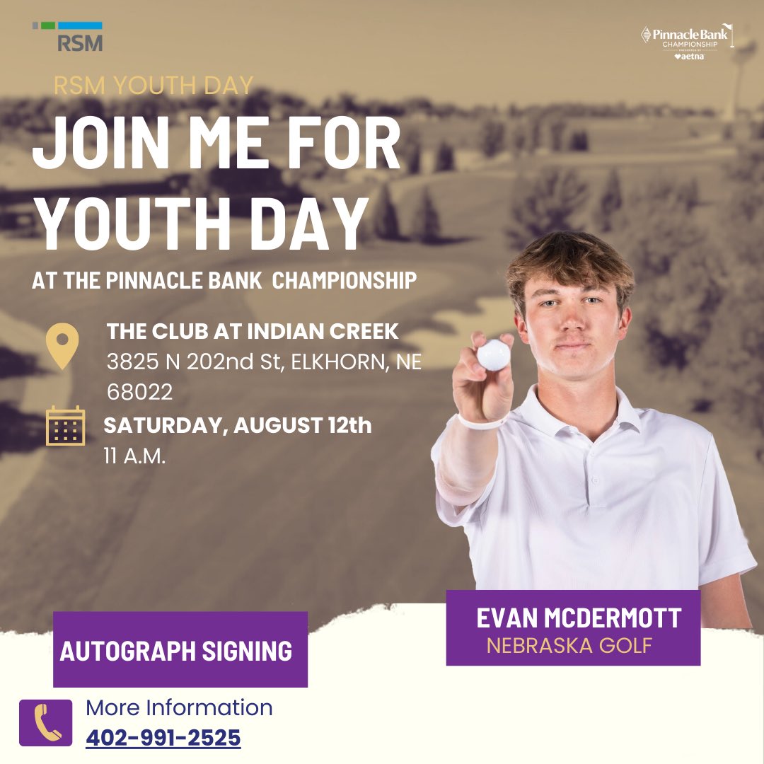 EvanMcDermott15's tweet photo. I can’t wait to see all of you at the @pinnbankgolf! After the @RSMUSLLP putting challenge, I’ll be around signing autographs and taking pictures! Get your tickets here, https://t.co/dcy3cqz1as! #nebraska #pinnbankgolf https://t.co/kXjvtcpqAG