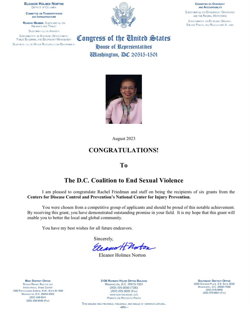 Thank you to Congresswoman <a href="/EleanorNorton/">Eleanor #DCStatehood Holmes Norton</a> for acknowledging our recent awards from the <a href="/CDCgov/">CDC</a>’s National Center for Injury Prevention!

We look forward to leveraging these resources to continue serving community and addressing the needs of sexual violence victim-survivors in DC.