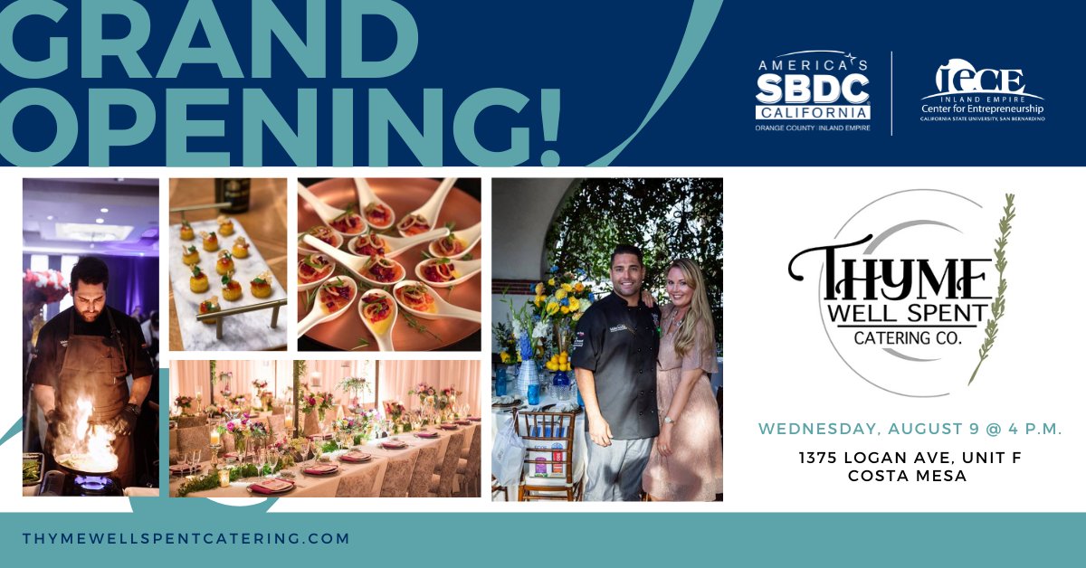 Join us in celebrating Thyme Well Spent’s official Grand Opening! Explore Costa Mesa’s newest fine dining catering company and discover it’s commitment to sustainability, locally sourced organic cuisine, and impeccable service. 

Secure your spot today! &gt; thymewellspent.eventbrite.com
