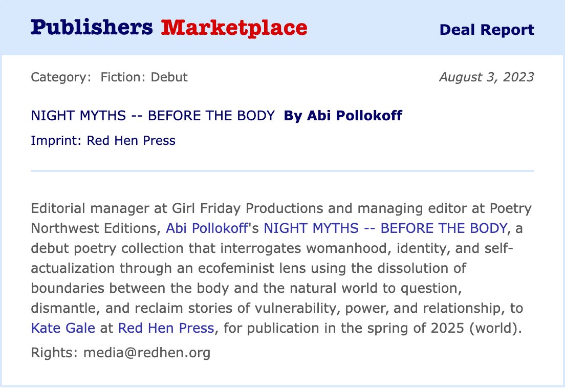 abipollokoff's tweet photo. So far, 2023 has not been the year that I was expecting—but it's even better than I could have imagined. I am so (SO!) over the moon to share that my debut poetry collection night myths • • before the body found a home at @RedHenPress (1/ ) https://t.co/crcp0wOASl