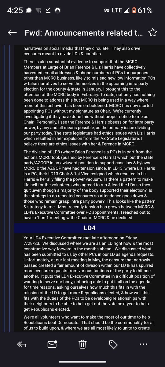 SwordTruth's tweet photo. Dan Farley continues #AbsolutePanic as PCS in his own LD see his bullshit, CANCELS all LD4 meetings for 4 months EXACTLY like the Prior McCain Chair Kathy Petsas did. Continues to vilify censures while celebrating the one against me in lying word salad narcissistic rant email: https://t.co/tzjnjepTsP