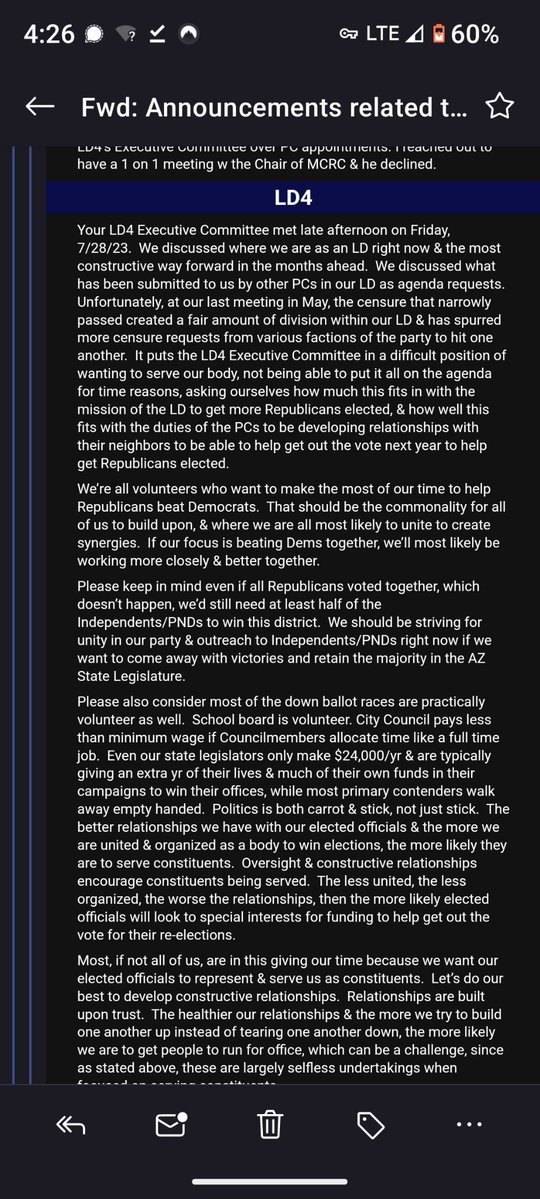 SwordTruth's tweet photo. Dan Farley continues #AbsolutePanic as PCS in his own LD see his bullshit, CANCELS all LD4 meetings for 4 months EXACTLY like the Prior McCain Chair Kathy Petsas did. Continues to vilify censures while celebrating the one against me in lying word salad narcissistic rant email: https://t.co/tzjnjepTsP