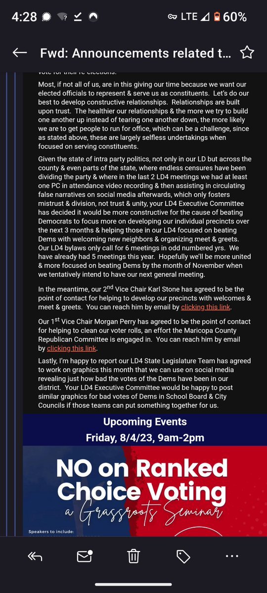 SwordTruth's tweet photo. Dan Farley continues #AbsolutePanic as PCS in his own LD see his bullshit, CANCELS all LD4 meetings for 4 months EXACTLY like the Prior McCain Chair Kathy Petsas did. Continues to vilify censures while celebrating the one against me in lying word salad narcissistic rant email: https://t.co/tzjnjepTsP