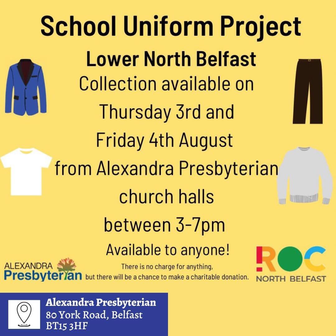ROC_NI's tweet photo. So far this week, 300+ children in #Glengormley #ballybeen &amp; #northbelfast have received uniforms from a ROC School Uniform Project! Only possible w/ the generosity of many. Final day tomorrow in Alexandra Presbyterian in NBelfast. Pop in 3pm-7pm &amp; get ready for the new school yr https://t.co/6axtBOwXJO