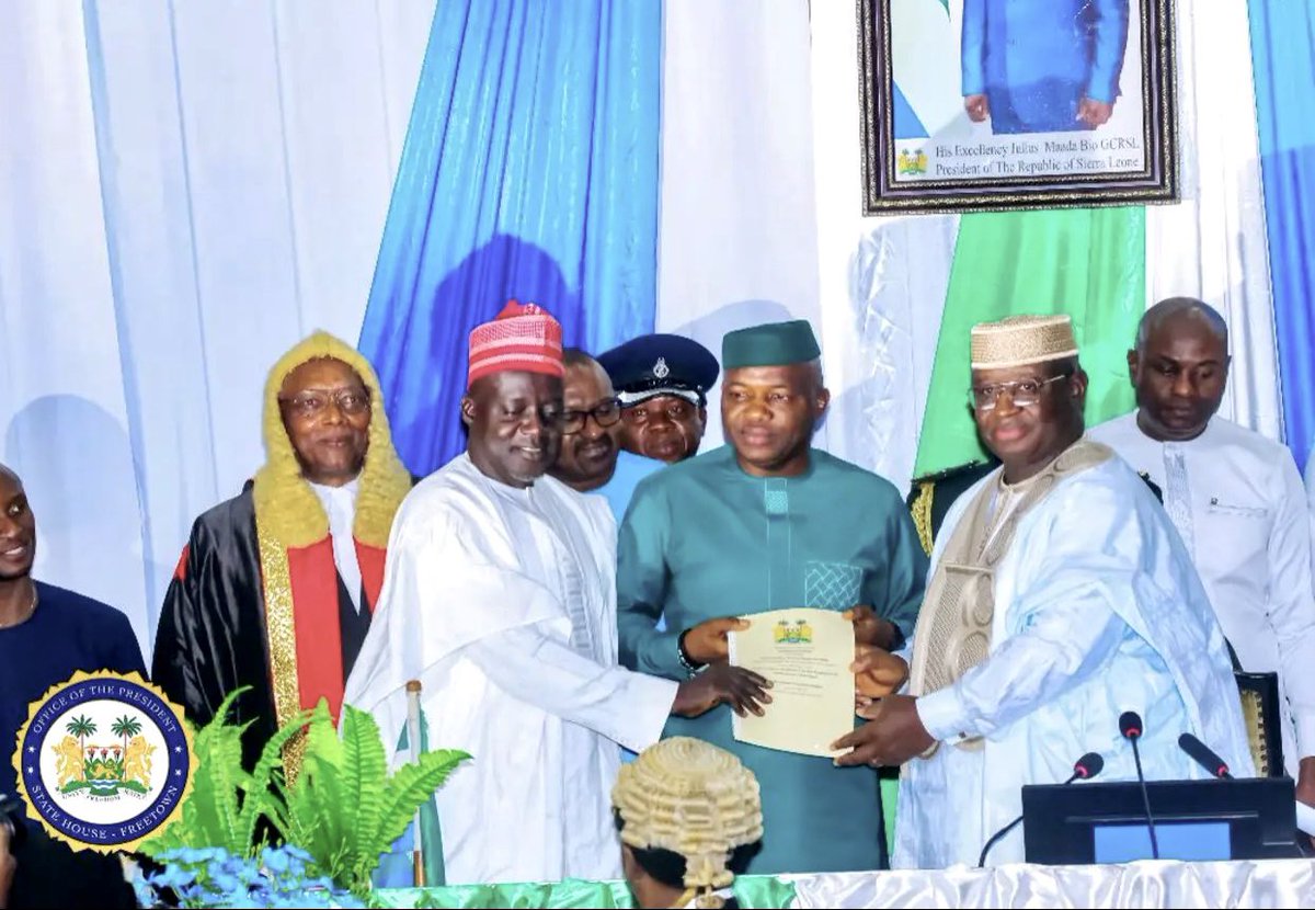 julius_maadabio's tweet photo. During my Address at the State Opening of the 1ST Session of the 6TH Parliament of the 2ND Republic, I used the occasion to share my Government’s plans towards revamping and revitalizing the economy through our new five-year mandate that echoes the call for continuity. 

The “New Direction: Consolidating the Gains and Accelerating Transformation” Agenda encapsulates the spirit of progress, seizing the newfound opportunities we have forged while confronting emerging challenges to propel #SierraLeone towards middle-income status by 2035.
 
As espoused in our SLPP People's Manifesto, which we used to campaign to citizens with our message of #hope, #unity and #prosperity, my new Government’s national development agenda will emphasise five key initiatives that will shape the course of our nation. 

These initiatives which include: Feed SaLone, Human Capital Development, Youth Employment Scheme, Revamping the Public Service Architecture, and Technology and Infrastructure Initiative, will help usher sustainable development and social progress in our nation. 

The Opening of the 6TH Parliament of the 2ND Republic marks a new beginning and we are confident that it has set the stage for greater things to come, as we journey to nationhood. ~ PART 2/2

#TheNewDirectionAgenda2.0

#BIG5GAMECHANGERS

#SLPP4DEVELOPMENT
