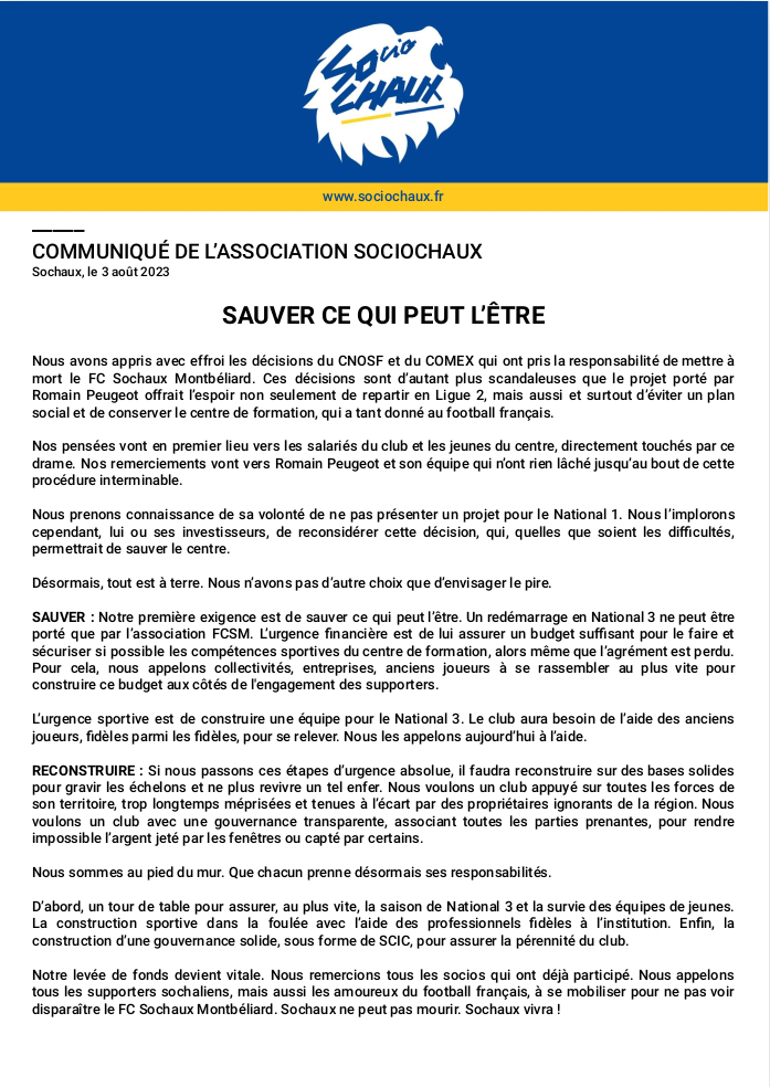ActuFoot_'s tweet photo. L’association @sociochaux_asso publie un communiqué afin de venir en aide au FC Sochaux et de sauver l’avenir du club ! 💛💙

Soutien entier et total. 🙏 https://t.co/AhwOk1Epdc