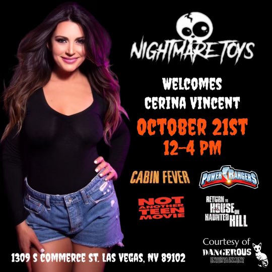 Make plans now for October 21st to meet Cerina Vincent at @nightmaretoys  #LasVegas #storesigning #nightmatetoys<a href="/tag/selfie"class="tags"><span>#selfie</span></a><a href="/tag/actress"class="tags"><span>#actress</span></a><a href="/tag/lasvegas"class="tags"><span>#lasvegas</span></a><a href="/tag/autographs"class="tags"><span>#autographs</span></a><a href="/tag/storesigning"class="tags"><span>#storesigning</span></a>