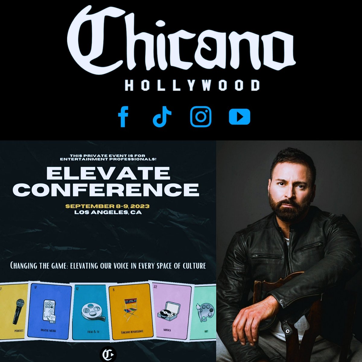 Charley_Boon's tweet photo. Hola mis hermanos: 

Me siento muy honrado de anunciar que soy un orador invitado en la Conferencia Elevate, patrocinada por Chicano Hollywood.

I'm so honored to be an invited speaker at this event. https://t.co/fEiI6evgLB