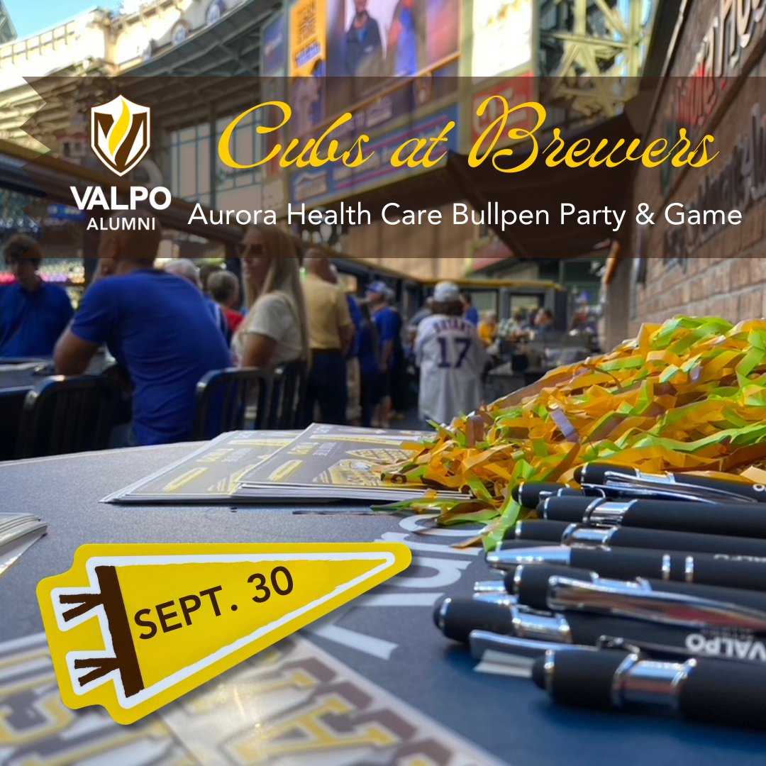 Join alumni and friends from the Valpo Clubs of Milwaukee and Chicago to watch the Brewers take on the Cubs! 🔗 alumni.valpo.edu/mil930 📅 Saturday 9/30 📍American Family Field, 1 Brewers Way, Milwaukee 🕗 Pre-game buffet starts at 6:10 p.m., game starts at 7:10 p.m.
