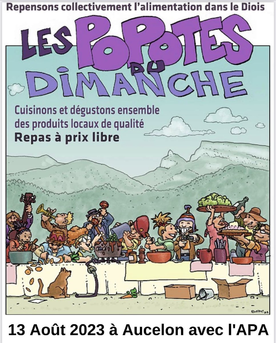 Dimanche 13 AOUT à partir de 10h00.  
Rendez-vous à Aucelon - pour participer - cuisiner - déguster les produits locaux avec les POPOTES DU DIMANCHE -  Venez nombreux jusqu’à tard dans la nuit avec 🎶🎸🎤 concert et 🍺
