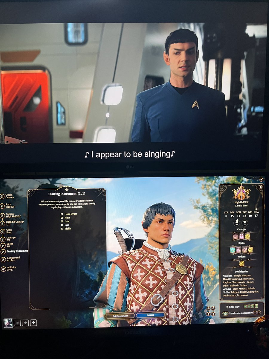 ErikActingOut's tweet photo. @StarTrek #StrangeNewWorlds or @larianstudios #BaldursGate3 ?
Why not both? #DoubleMonitors, double Spocks, and double bards FTW.
#SubspaceRhapsody #Bard https://t.co/pAu9rkW95T