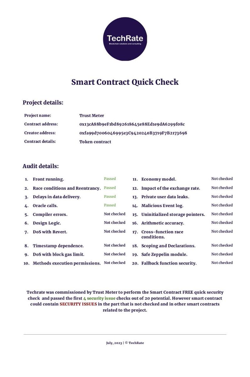 TrustMeterOFC's tweet photo. Good news today is:

1. We have been audited by Techrate in the quick audit stage, in the future we will enter the paid audit to be more legit.

2. Verified users will be able to make requests to the bot to answer according to the requests embedded in our AI bot. https://t.co/F0ewiRzEC8