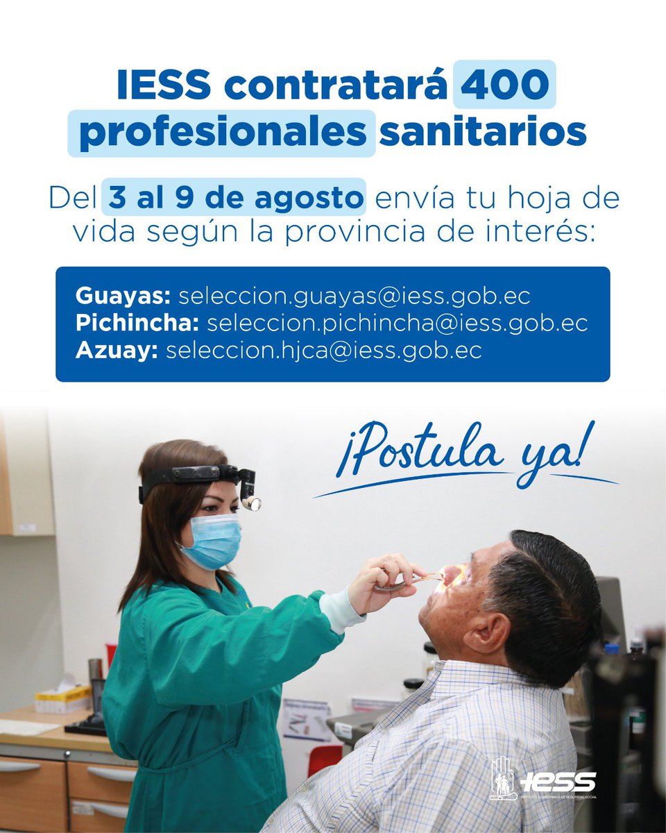 IESSec's tweet photo. #CONVOCATORIA 📣 | ¡Pasa la voz! 🗣️

@IESSec contratará profesionales de la salud en Pichincha, Guayas y Azuay🤝👩🏻‍⚕️✅👨🏾‍⚕️

Fortalecemos la operatividad de las unidades médicas para los asegurados 🏥✅

Envía tu hoja de vida por correo 📩 https://t.co/wPlAkL0Jjx