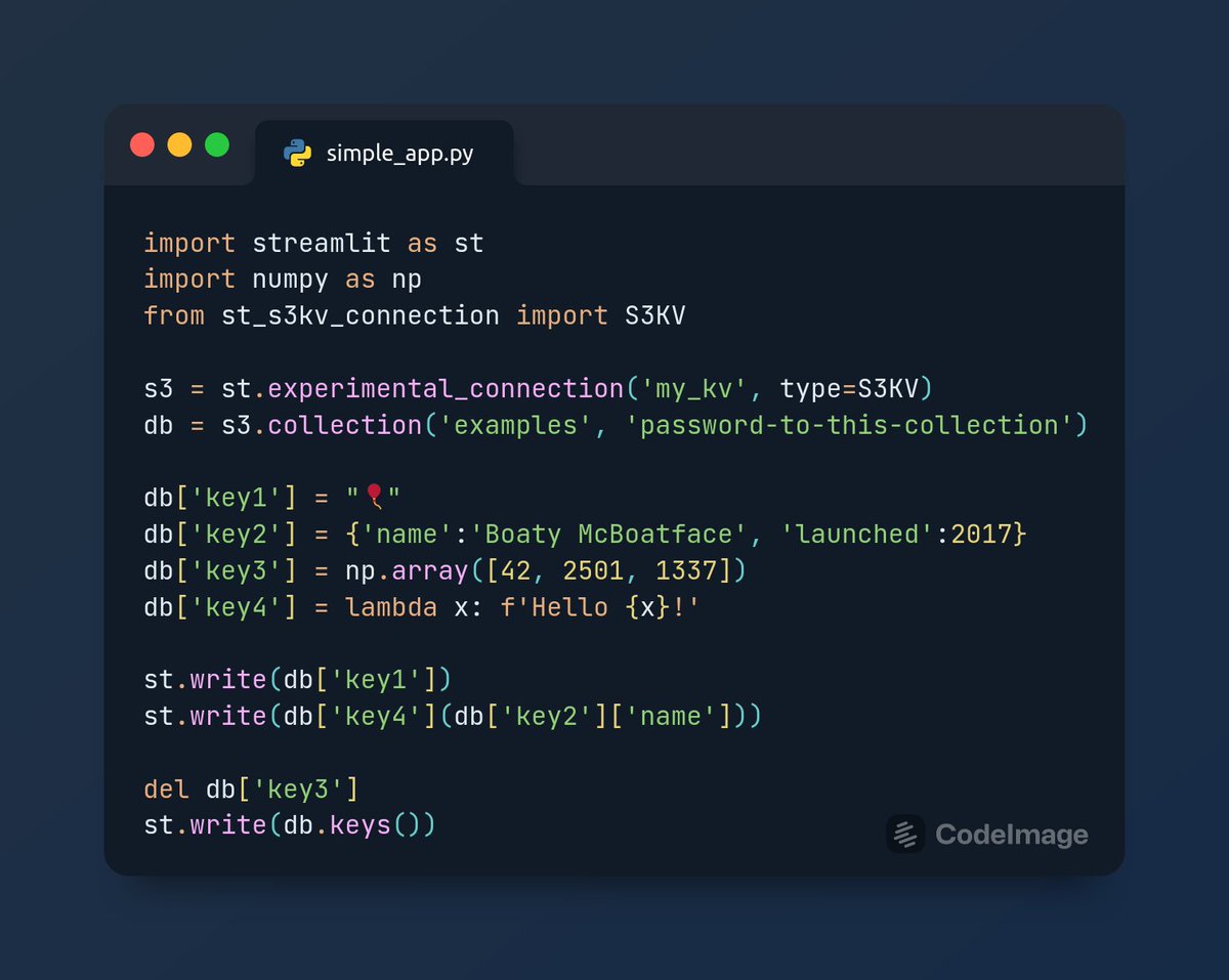 datageek_ai's tweet photo. My third #StreamlitHackathon entry - S3 connection BUT with dict-like interface, automatic serialization+compression+encryption... and other nice features 😎 

💾 repo: https://t.co/bBuuyA26WD

👉 demo: https://t.co/tRtACiPv3v (quite silly TBH) https://t.co/xXkhxvPGTD
