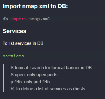 mboactf's tweet photo. It's possible to import #nmap results inside #metasploit. It's useful when you are in a big network as you'll be able to scan specific services. Run Metasploit and then follow the commands below: https://t.co/FvCY5PSvs0